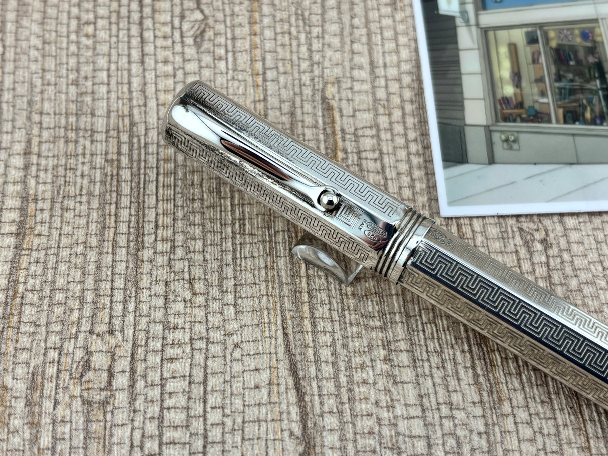 Montegrappa Mid-Size Reminiscence Sterling Silver Greek Key Pattern Faceted  Rollerball Pen