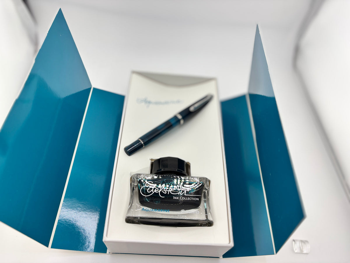 Pelikan M205 Aquamarine 2016 Special Edition Transparent Fountain Pen + Edelstein Aquamarine Ink - Fine Stainless Steel Nib