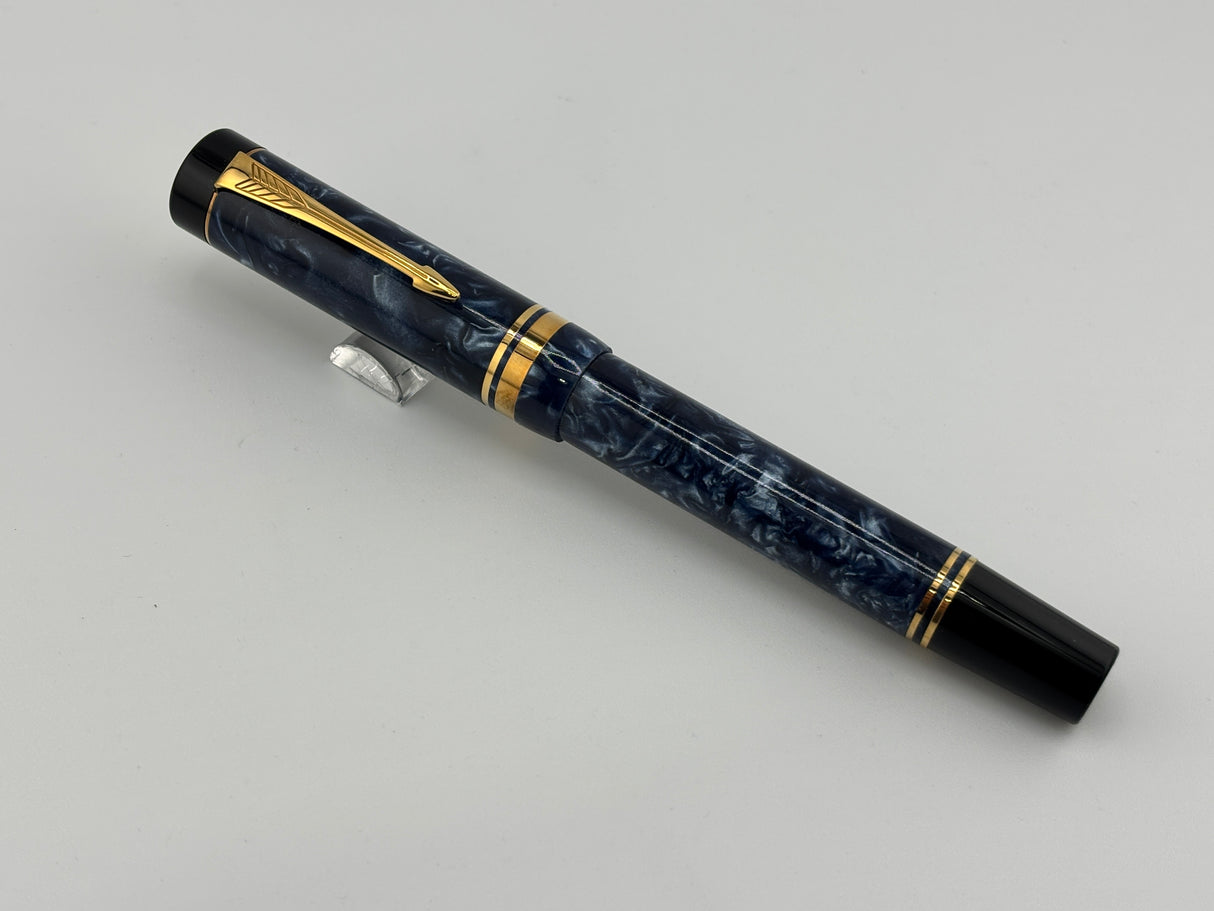 Parker Duofold Blue Marble 1888-1988 Centennial Collector Edition - First Year Parker CapTop Medallion - Fine \18kt Gold Nib
