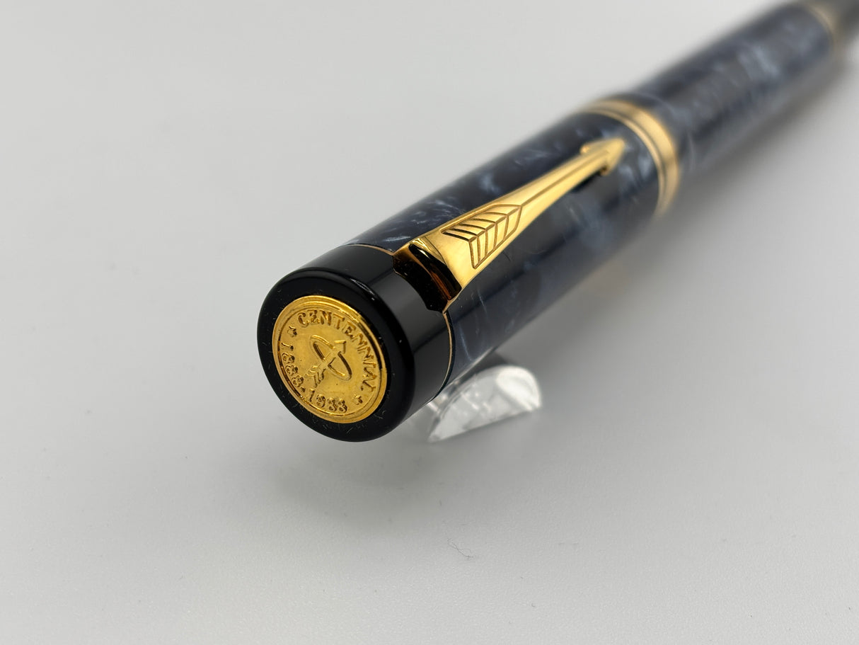 Parker Duofold Blue Marble 1888-1988 Centennial Collector Edition - First Year Parker CapTop Medallion - Fine \18kt Gold Nib
