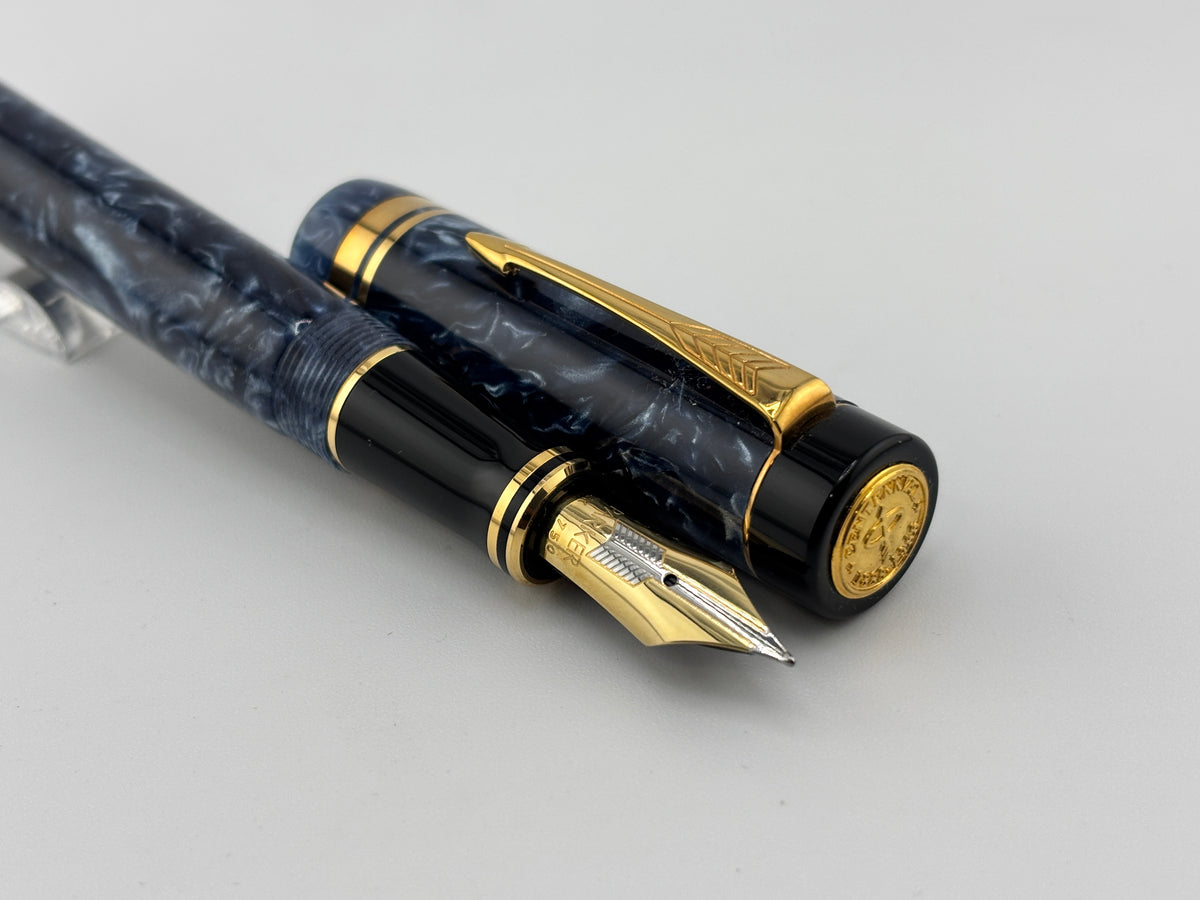 Parker Duofold Blue Marble 1888-1988 Centennial Collector Edition - First Year Parker CapTop Medallion - Fine \18kt Gold Nib
