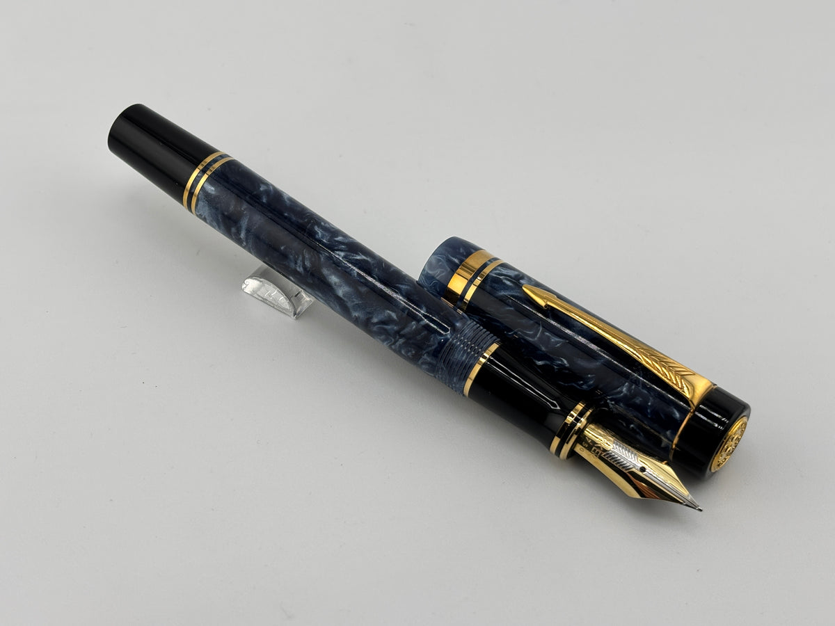 Parker Duofold Blue Marble 1888-1988 Centennial Collector Edition - First Year Parker CapTop Medallion - Fine \18kt Gold Nib