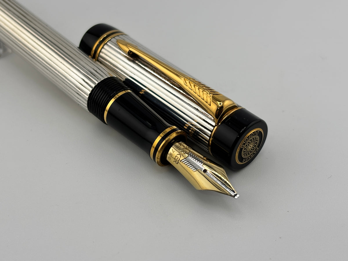 Parker Duofold Centennial (Largest Size)  Sterling Silver Fountain Pen - Medium Italic #94 18kt Gold Nib