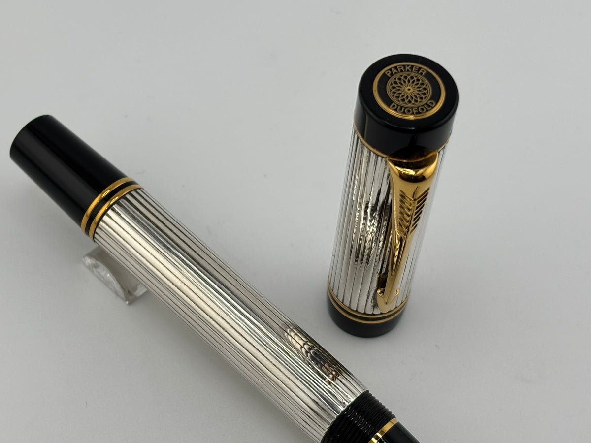 Parker Duofold Centennial (Largest Size)  Sterling Silver Fountain Pen - Medium Italic #94 18kt Gold Nib