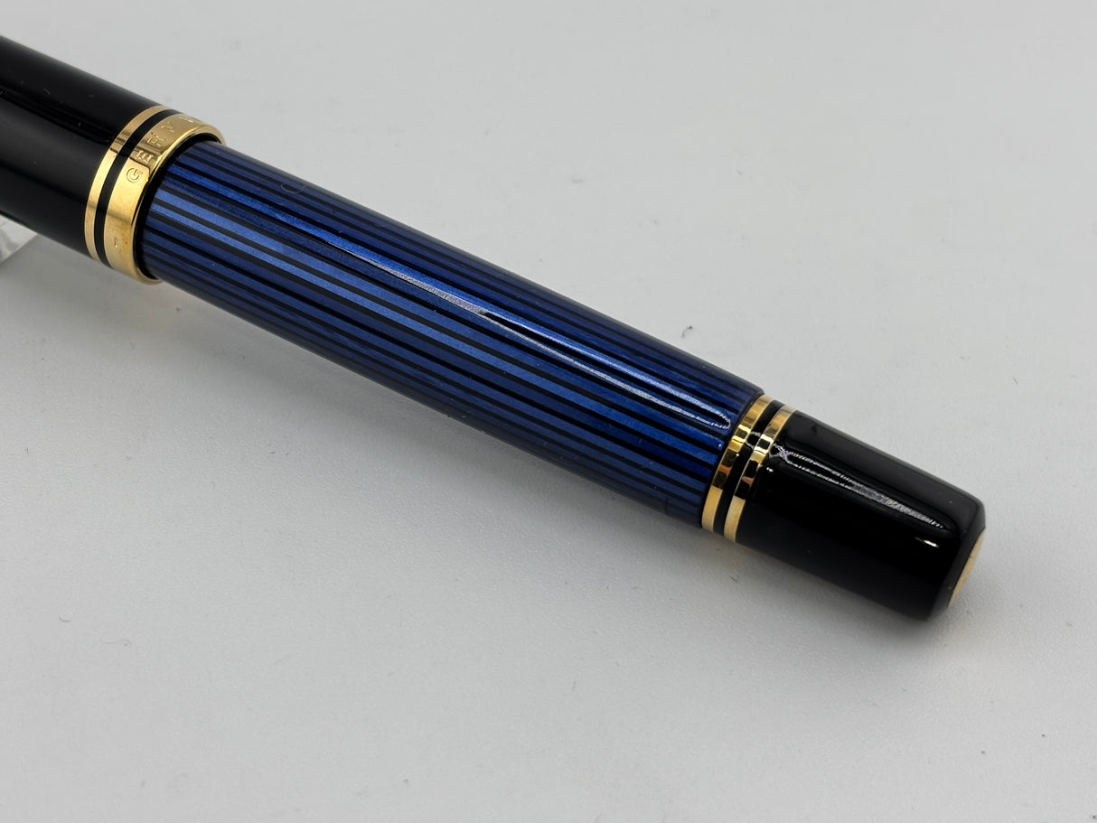 Pelikan M800 Black Cap/Blue Striped Barrel Fountain Pen - Medium 18kt Gold Nib