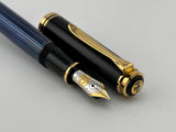 Pelikan M800 Black Cap/Blue Striped Barrel Fountain Pen - Medium 18kt Gold Nib