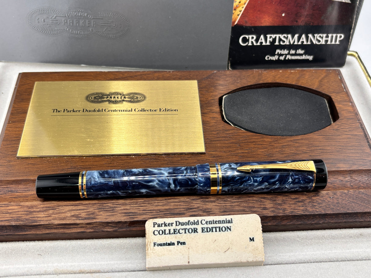 Parker Duofold Blue Marble 1888-1988 Centennial Collector Edition - First Year Parker CapTop Medallion - Fine \18kt Gold Nib
