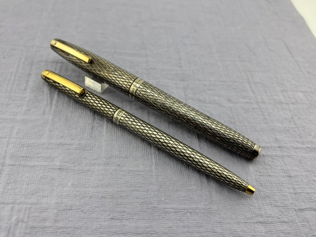 Sheaffer Imperial  Set Sterling Silver 925 Crossed lines 14k Gold Nib rare double broad !!