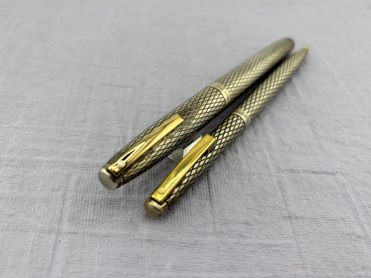 Sheaffer Imperial  Set Sterling Silver 925 Crossed lines 14k Gold Nib rare double broad !!
