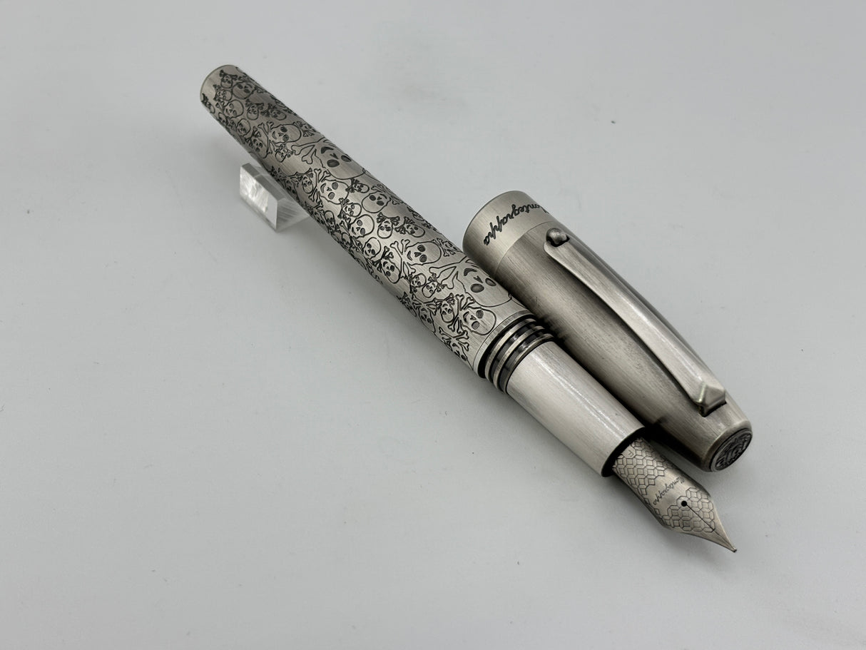 Montegrappa Fortuna Brushed Stainless Steel Skulls  Fountain Pen  - Fine Stainless Steel Nib