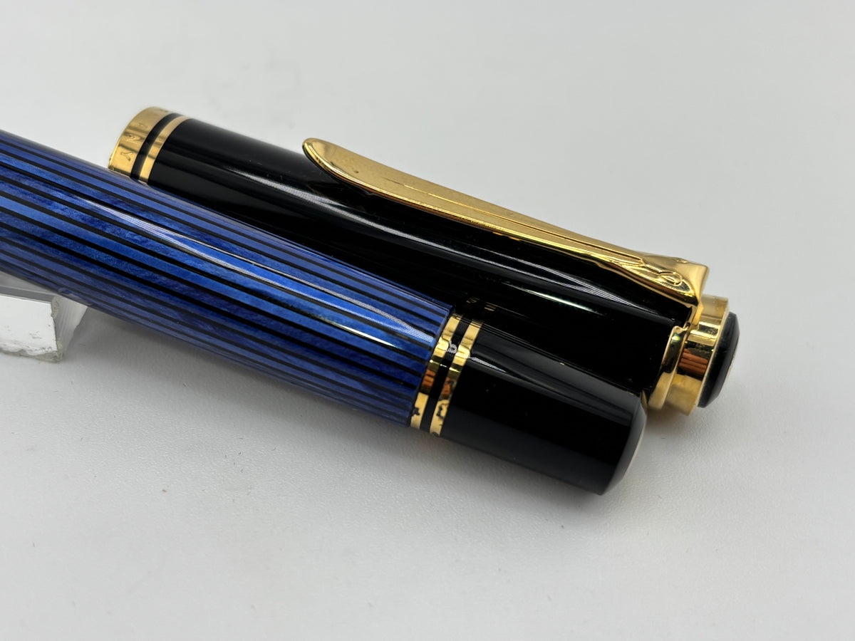 Pelikan Early M800 Black Cap/Blue Striped Barrel - Fine 18CGold Nib
