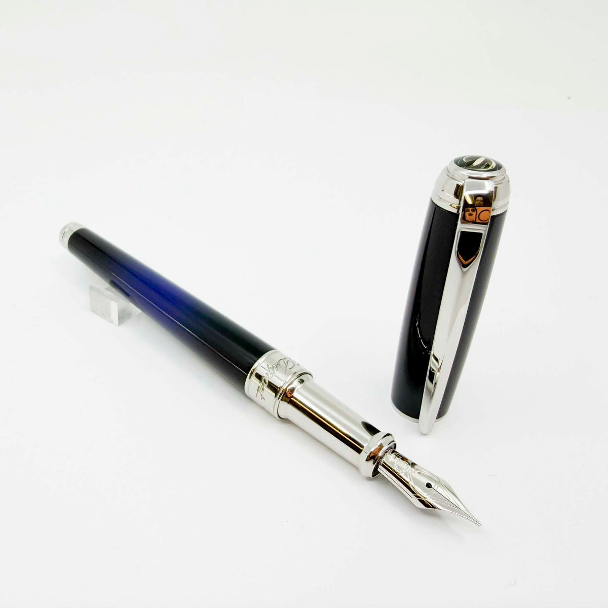 S. T. Dupont  Line D Eternity Blue & Black Lacquer Medium  Fountain Pen - Palladium Plated Trim - Medium 14kt Gold Nib
