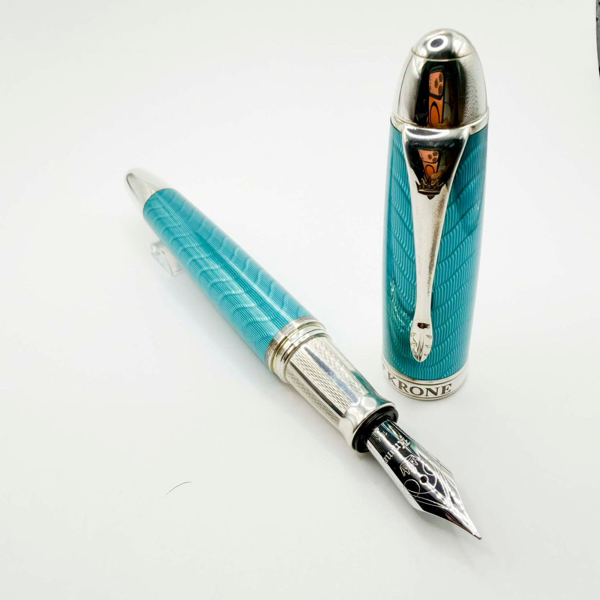 Krone Heavy Sterling Silver Oversized Fountain Pen -  Translucent Turquoise Enamel overlaying the Sterling Silver Body of Guilloched Wave Design - Medium 18kt Gold Nib