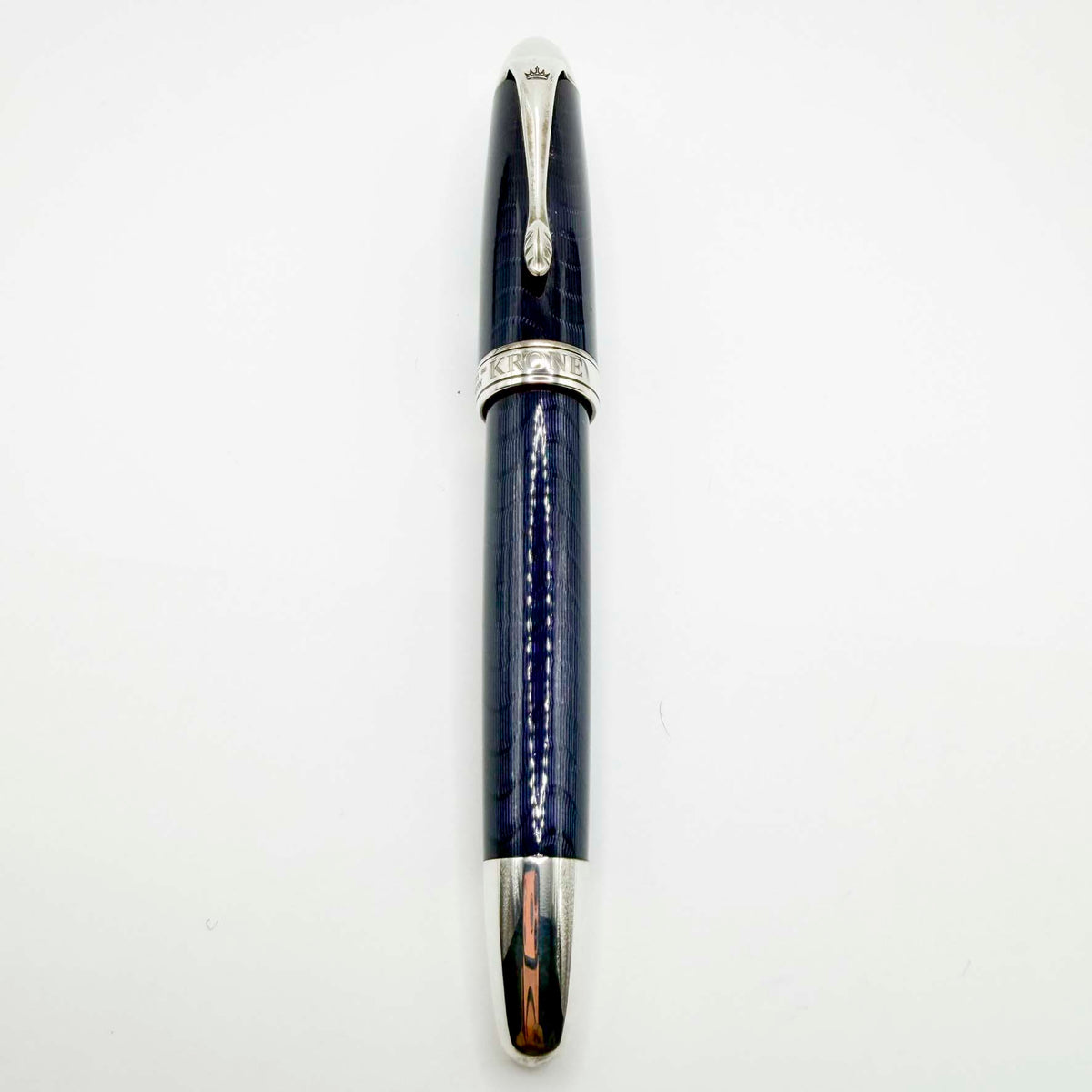 Krone Heavy Sterling Silver Oversized Fountain Pen -  Translucent Dark Blue Enamel overlaying the Sterling Silver Body of Guilloched Wave Design - Medium 18kt Gold Nib