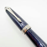 Krone Heavy Sterling Silver Oversized Fountain Pen -  Translucent Dark Blue Enamel overlaying the Sterling Silver Body of Guilloched Wave Design - Medium 18kt Gold Nib