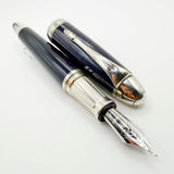 Krone Heavy Sterling Silver Oversized Fountain Pen -  Translucent Dark Blue Enamel overlaying the Sterling Silver Body of Guilloched Wave Design - Medium 18kt Gold Nib