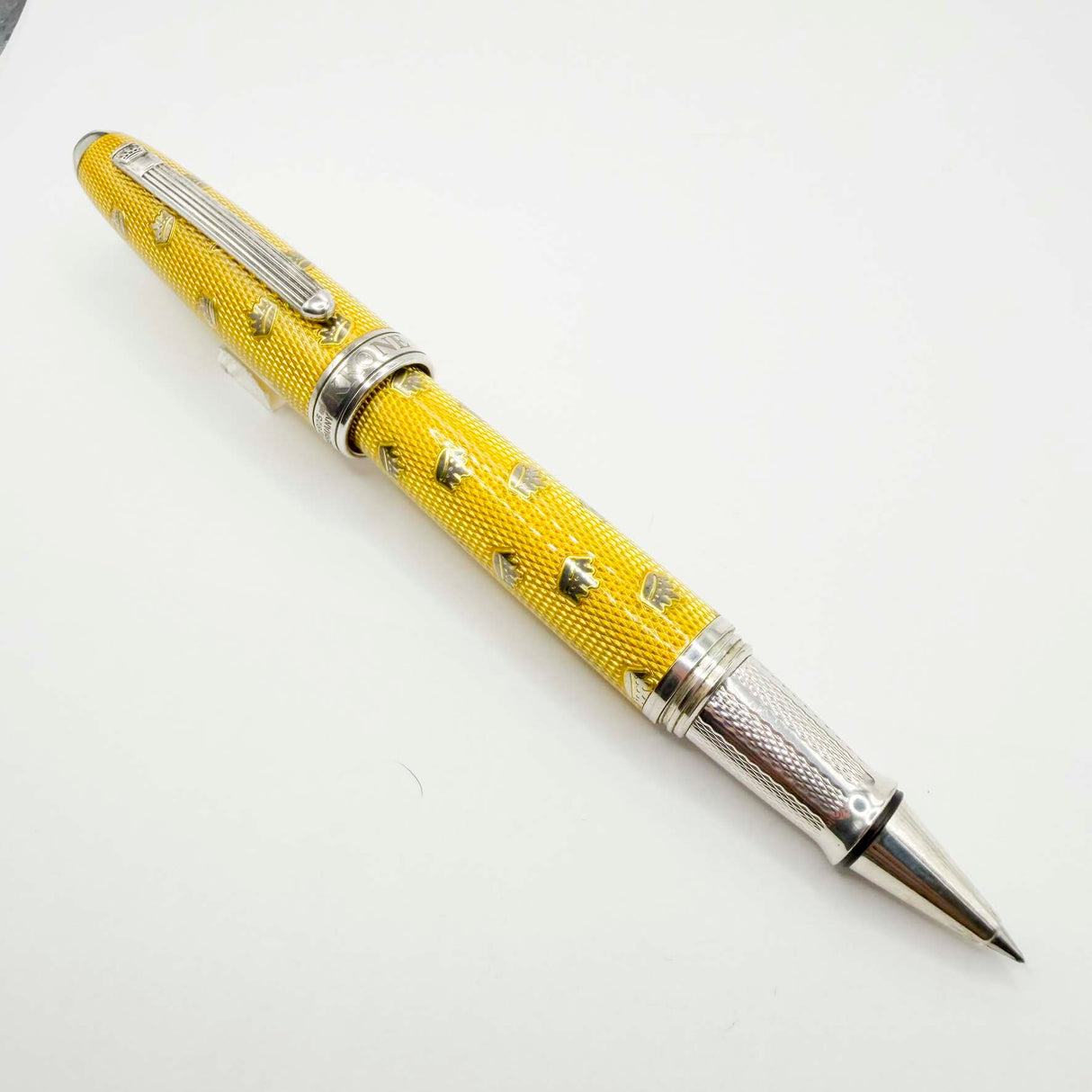 Krone Kronology Heavy Sterling Silver Oversized Rollerball -  Translucent Yellow Enamel overlaying the Guilloched Sterling Silver Body plus Scattered Crowns Engraved