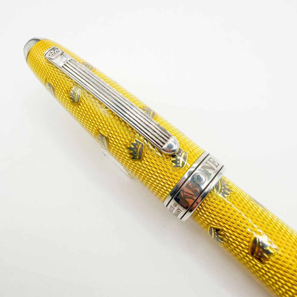 Krone Kronology Heavy Sterling Silver Oversized Rollerball -  Translucent Yellow Enamel overlaying the Guilloched Sterling Silver Body plus Scattered Crowns Engraved