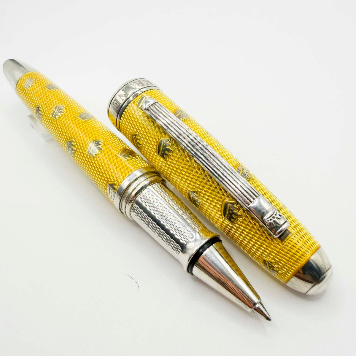 Krone Kronology Heavy Sterling Silver Oversized Rollerball -  Translucent Yellow Enamel overlaying the Guilloched Sterling Silver Body plus Scattered Crowns Engraved
