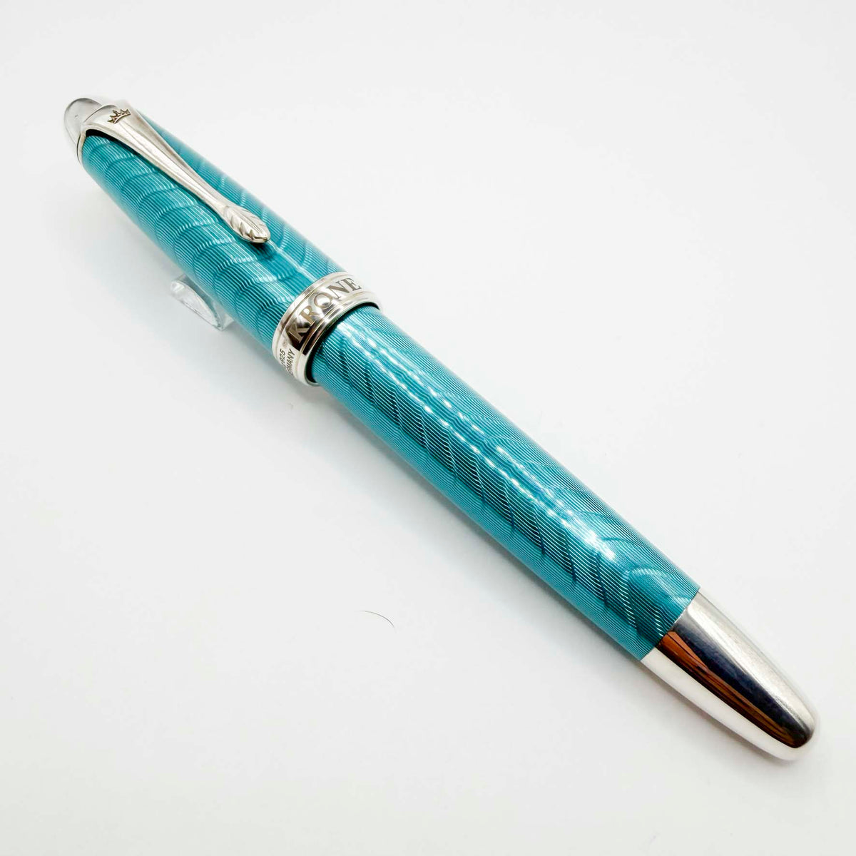 Krone Heavy Sterling Silver Oversized Fountain Pen -  Translucent Turquoise Enamel overlaying the Sterling Silver Body of Guilloched Wave Design - Medium 18kt Gold Nib