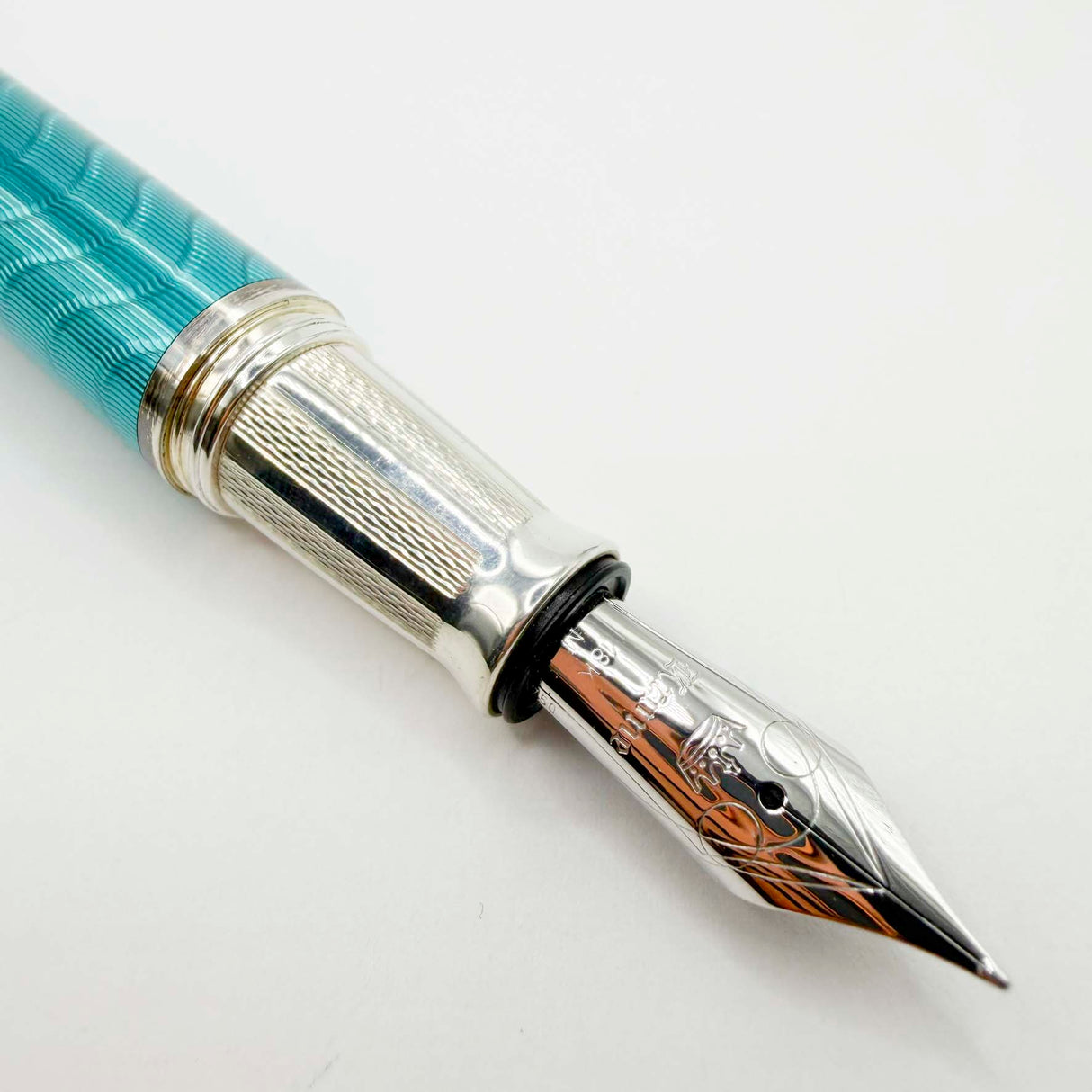 Krone Heavy Sterling Silver Oversized Fountain Pen -  Translucent Turquoise Enamel overlaying the Sterling Silver Body of Guilloched Wave Design - Medium 18kt Gold Nib