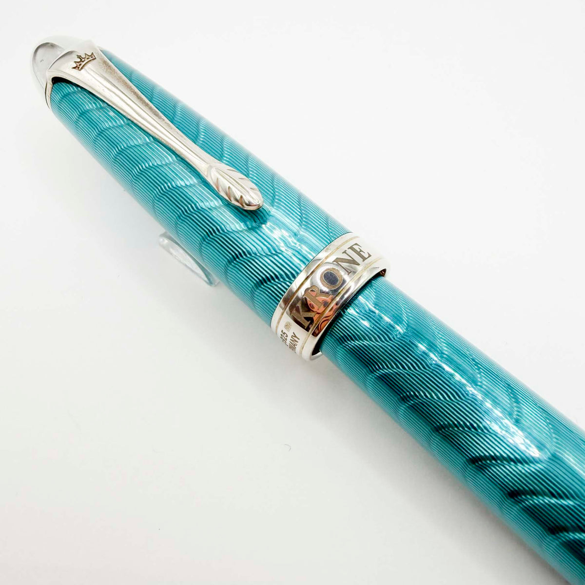 Krone Heavy Sterling Silver Oversized Fountain Pen -  Translucent Turquoise Enamel overlaying the Sterling Silver Body of Guilloched Wave Design - Medium 18kt Gold Nib