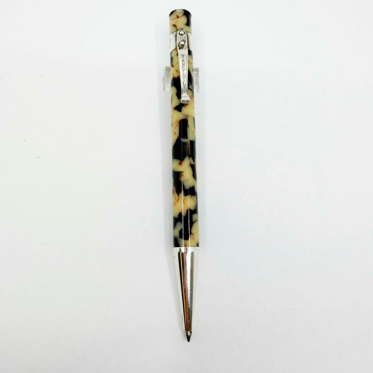 Yard-o-Led Astoria Marbled Cream & Ebony  Ballpoint Pen - Sterling Silver Clip & Trim