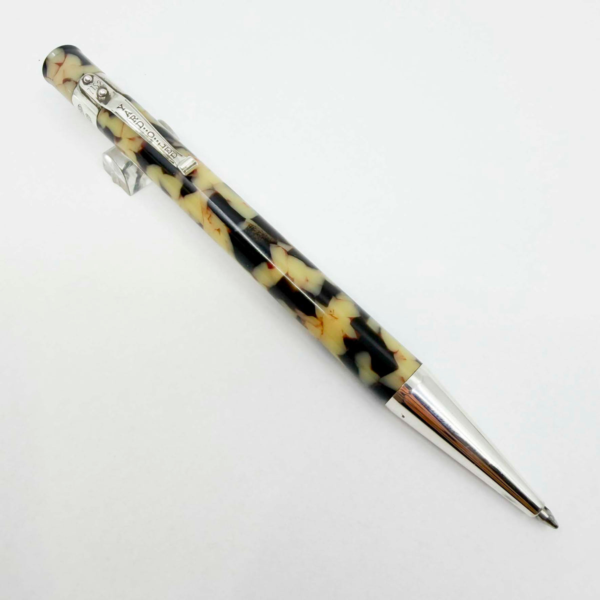 Yard-o-Led Astoria Marbled Cream & Ebony  Ballpoint Pen - Sterling Silver Clip & Trim