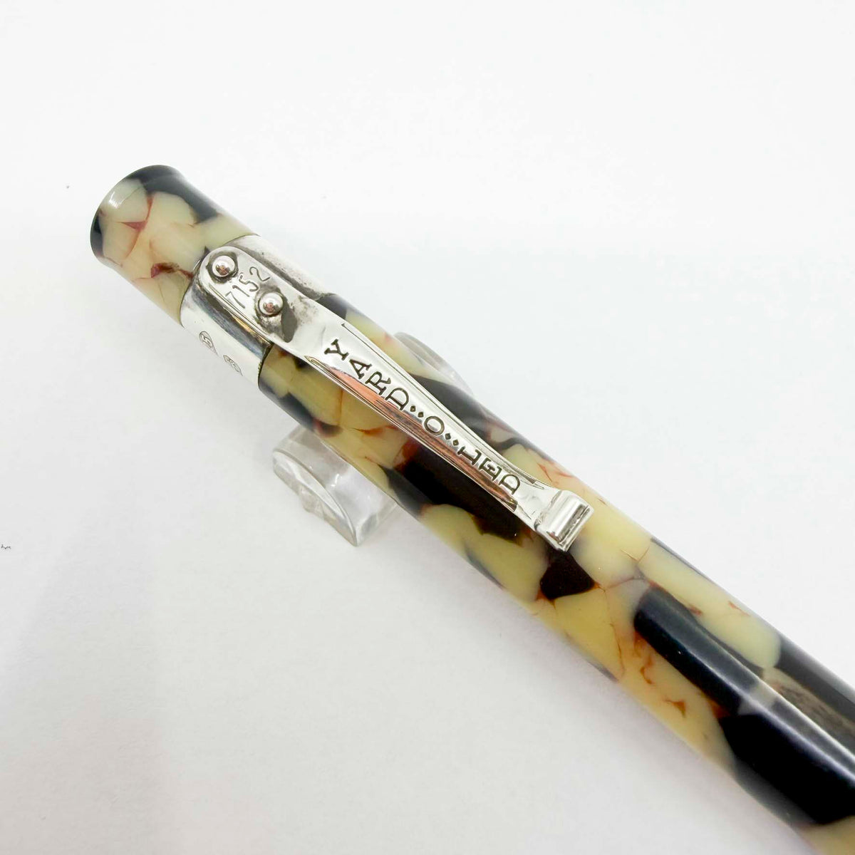 Yard-o-Led Astoria Marbled Cream & Ebony  Ballpoint Pen - Sterling Silver Clip & Trim