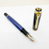 Pelikan Early M800 Black Cap/Blue Striated Barrel Fountain Pen - Medium 18kt Gold PF Nib